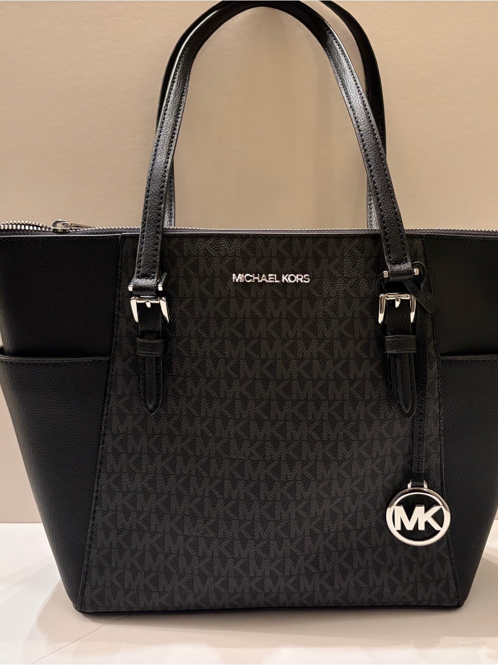 Michael Kors Black Charlotte MK Logo Tote with Silver Hardware